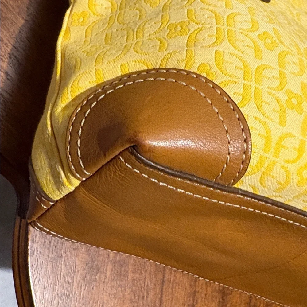 Fossil satchel Crossbody bag fabric yellow print brown leather trim 3 compart